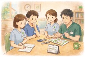 あしたの在宅クリニックの医師と看護師が話し合うチームミーティングのイラスト