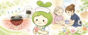 在宅NPWT(陰圧閉鎖療法)による創傷ケアを表すあしたの在宅クリニックのアイキャッチ画像。左に陰圧をかけて創部の血流と肉芽形成を促す仕組み、中央にマスコット「あしたちゃん」、右に自宅で高齢の患者に創傷ケアを行う訪問看護師を描いたイラスト。