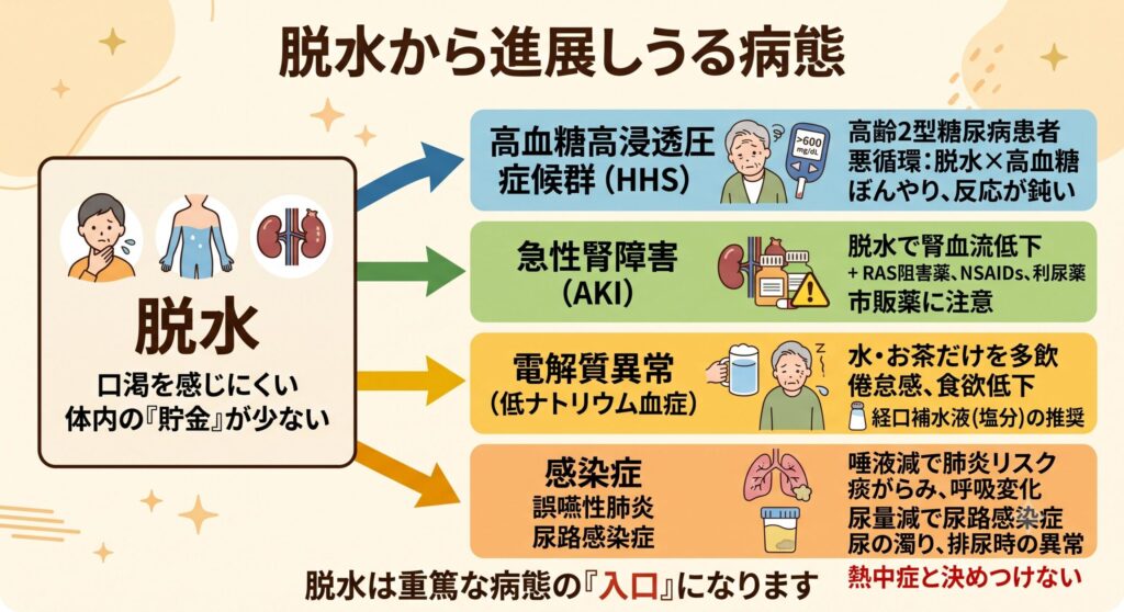 高齢者の脱水から進展しうる病態(高血糖高浸透圧症候群・急性腎障害・電解質異常・感染症)を示した図解