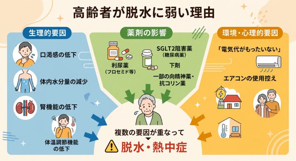 高齢者が脱水に弱い3つの理由(生理的要因・薬剤の影響・環境や心理的要因)を示した図解