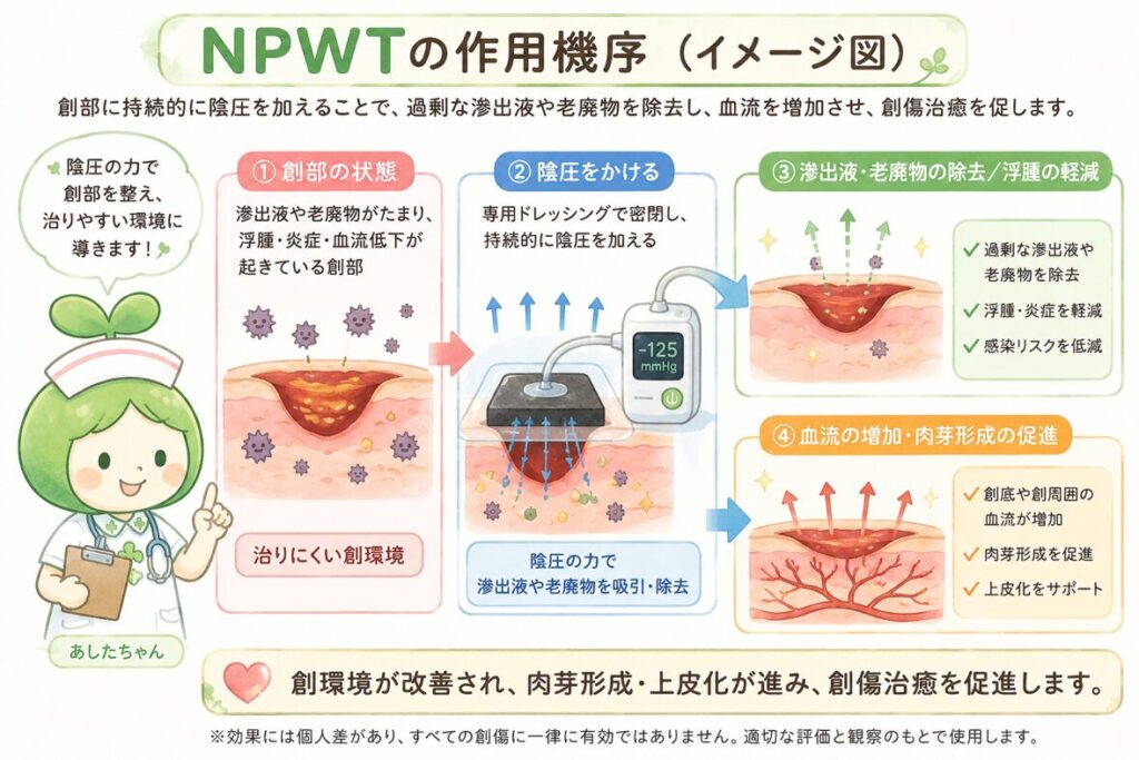NPWT(陰圧閉鎖療法)の作用機序を示すイラスト。①滲出液や老廃物がたまった治りにくい創部に、②専用ドレッシングで密閉し持続的に陰圧をかけ、③滲出液・老廃物を除去して浮腫と炎症を軽減、④創底・創周囲の血流を増やし肉芽形成を促進することで、創傷治癒を後押しする流れを4段階で解説。